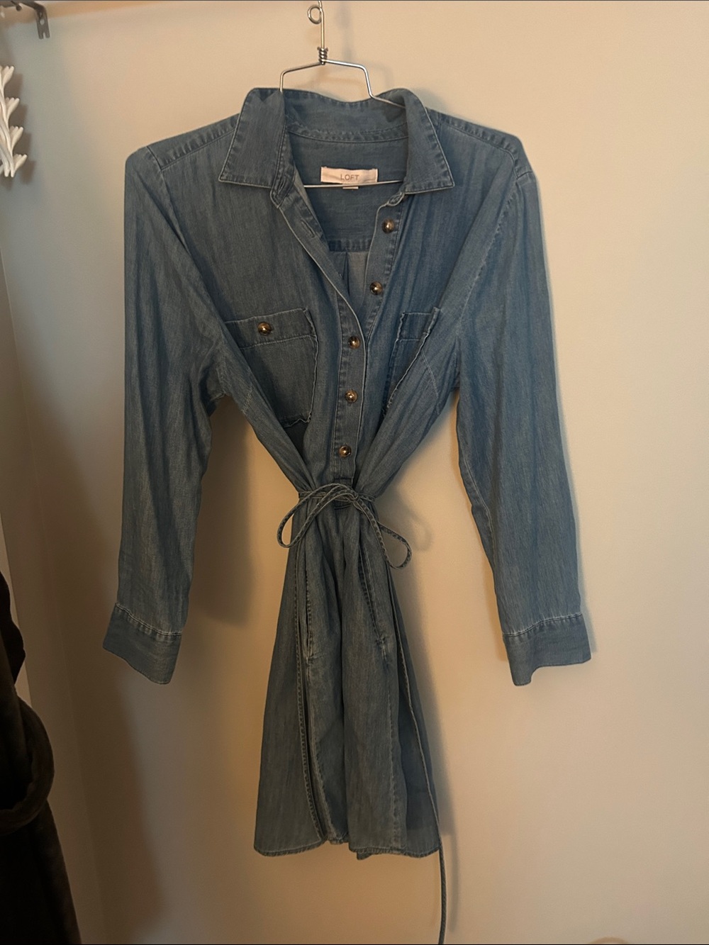LOFT Light Blue Chambray Tie-Waist Denim Shirt Dress - 100% Cotton